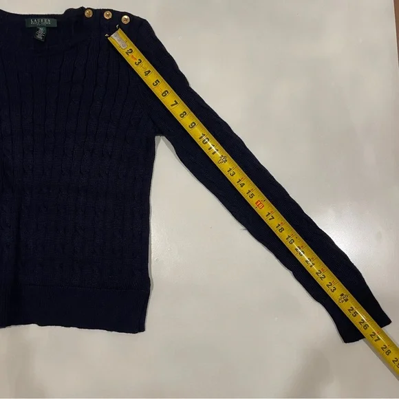 Lauren Ralph Lauren Navy Blue Cable Knit Sweater Button Details Petite Medium - Picture 8 of 8